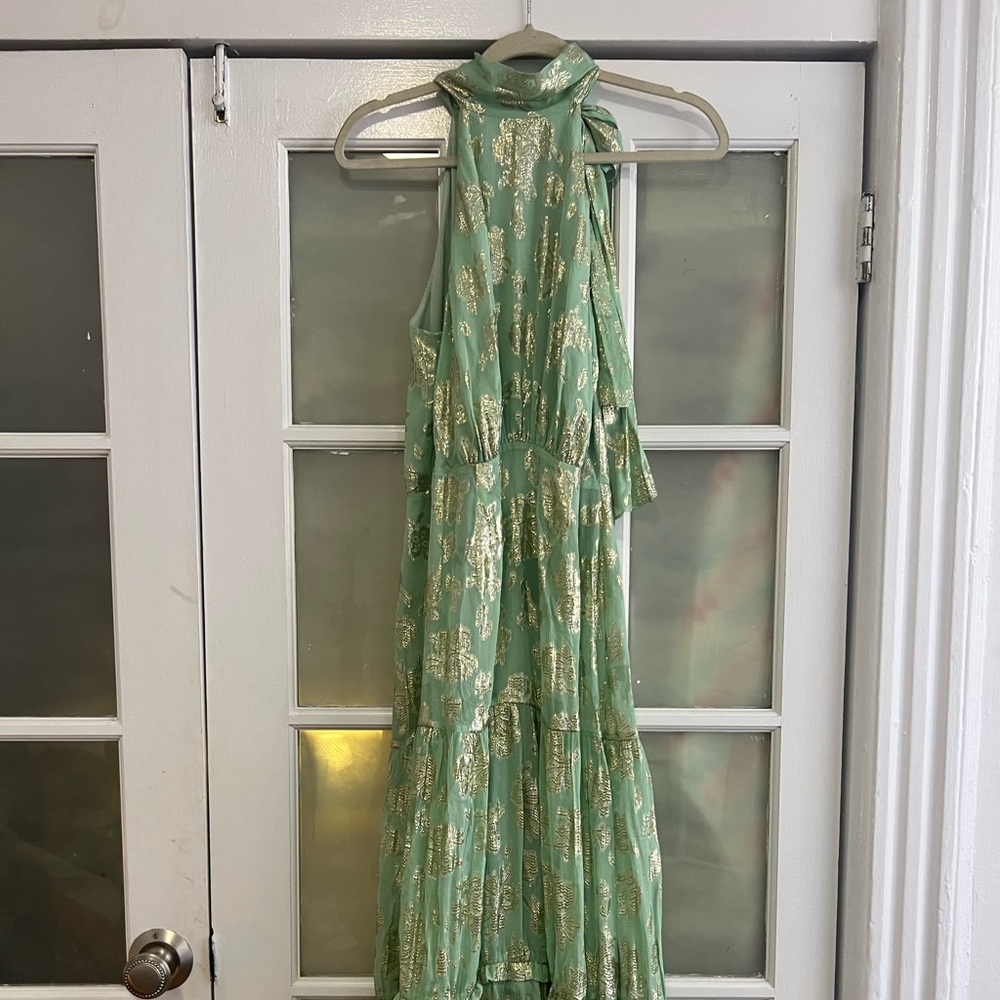 Rixo halter dress green and gold